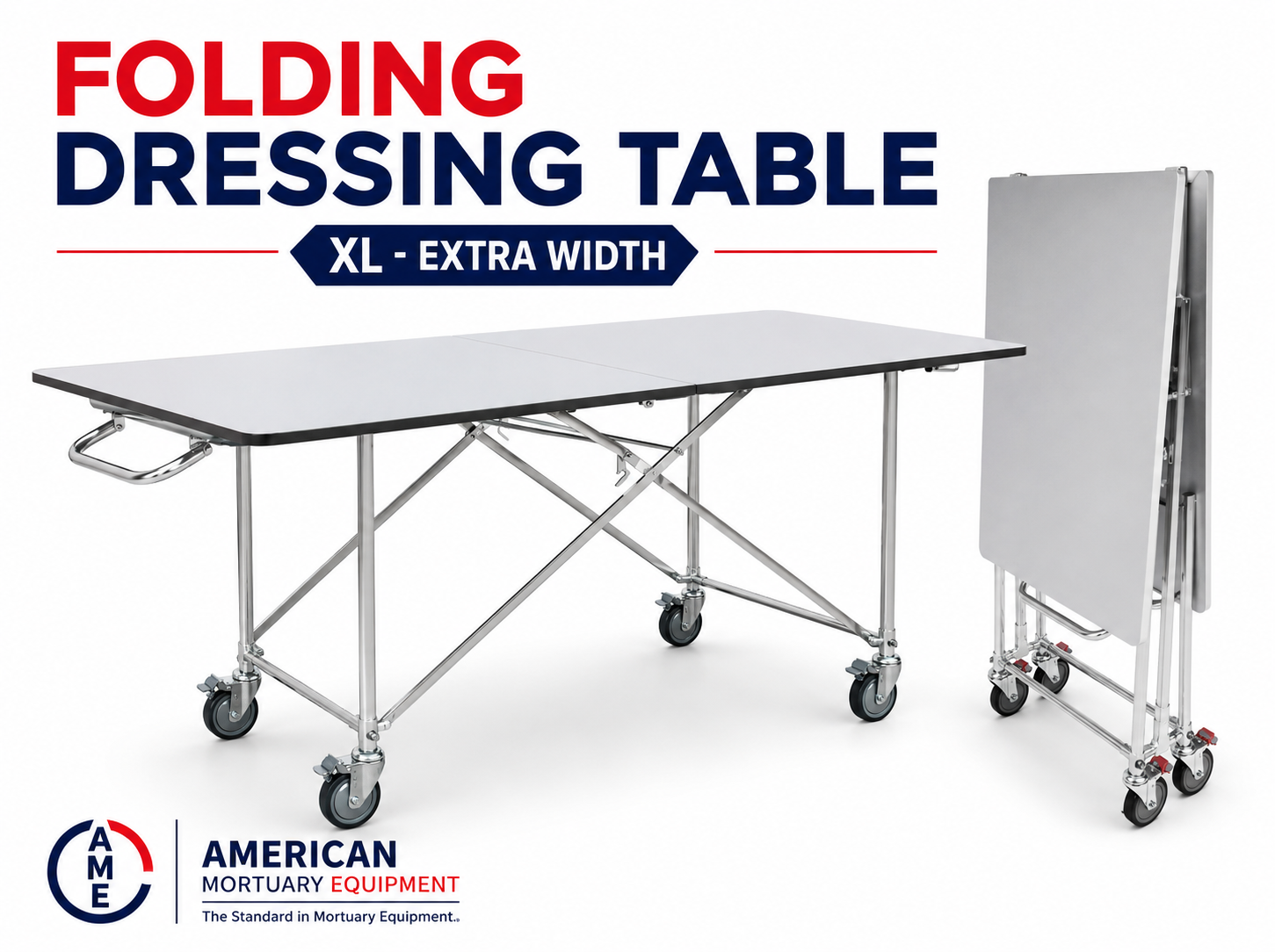 Extra wide folding mortuary dressing table — 78x32 laminate top with reinforced steel frame, American Mortuary Equipment