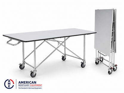 Extra wide folding mortuary dressing table main view, 78x32 hygienic laminate prep surface | American Mortuary Coolers
