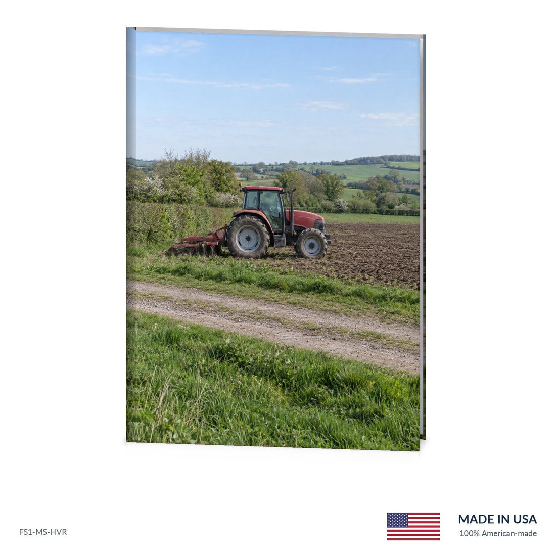 Farm Tractor funeral register book with full-color cover wrap and visible page edge, Funeral Source One FS1-MS-HVR, Made in the USA