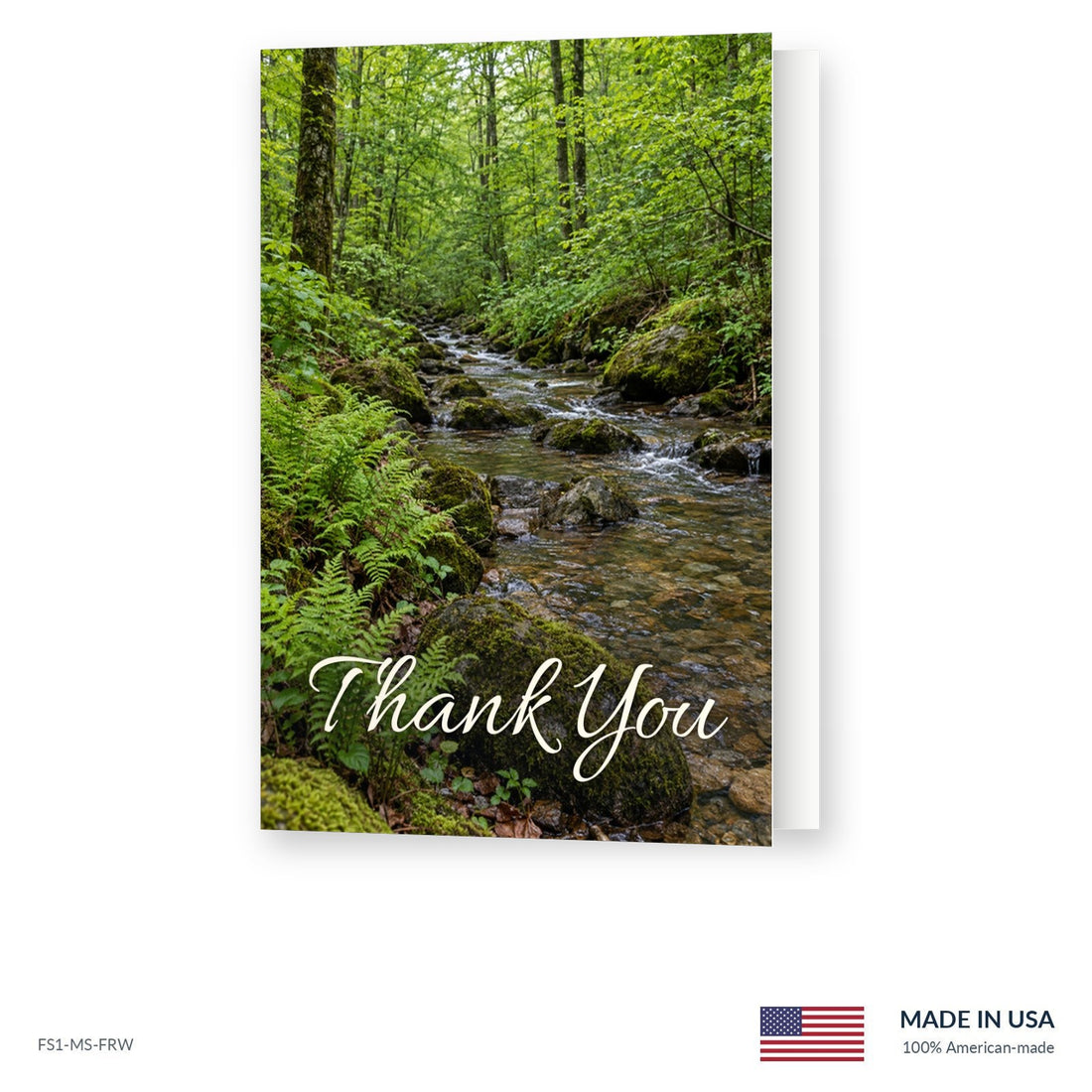Fern-Lined Creek funeral acknowledgment card shown slightly open, Funeral Source One FS1-MS-FRW, Made in the USA