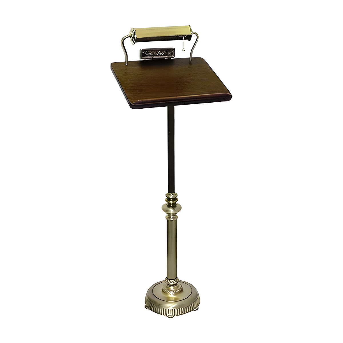 Vigil lighted funeral register stand with walnut top, reflector lamp and antique bronze pedestal base