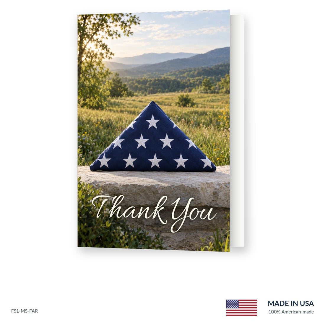 Folded Flag funeral acknowledgment card shown slightly open, Funeral Source One FS1-MS-FAR, Made in the USA
