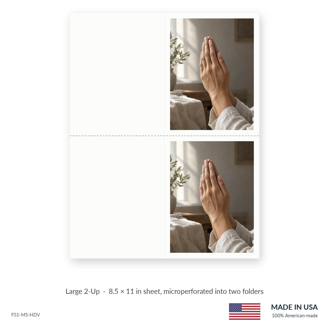Folded Hands funeral service folders, Large 2-Up 8.5 × 11 in sheet microperforated into two folders, Funeral Source One FS1-MS-HDV