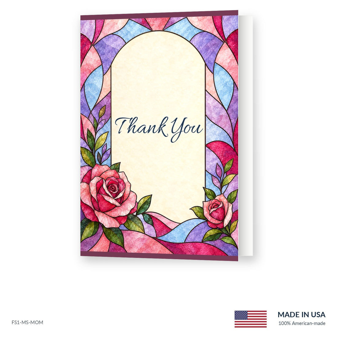 For Mom funeral acknowledgment card shown slightly open, Funeral Source One FS1-MS-MOM, Made in the USA