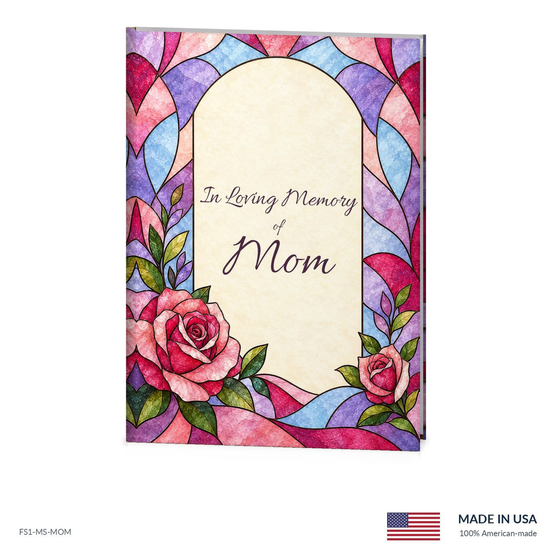 For Mom funeral register book with full-color cover wrap and visible page edge, Funeral Source One FS1-MS-MOM, Made in the USA