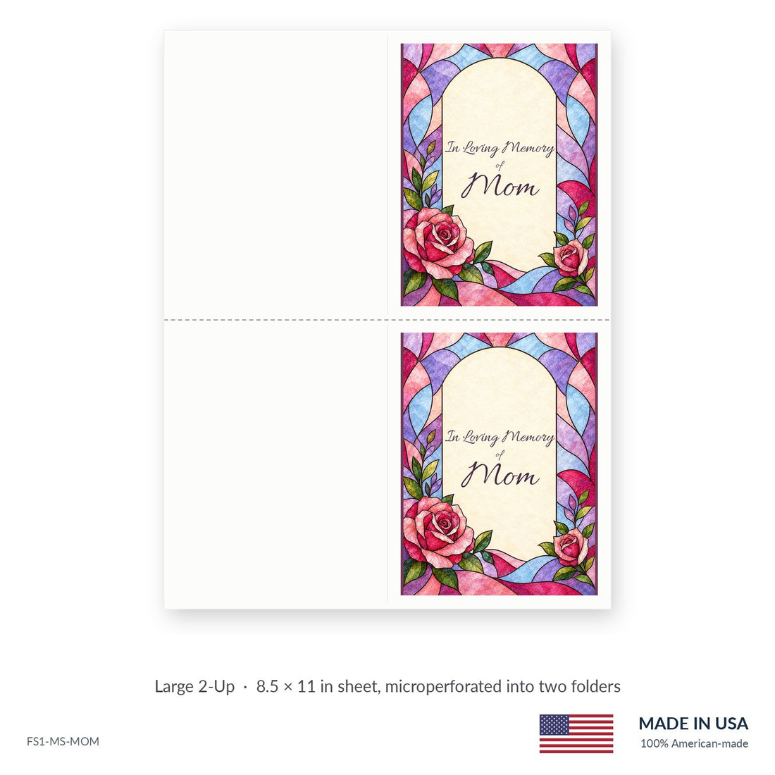 For Mom funeral service folders, Large 2-Up 8.5 × 11 in sheet microperforated into two folders, Funeral Source One FS1-MS-MOM