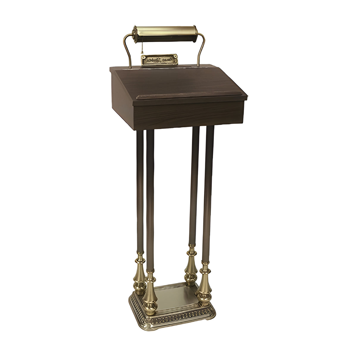 Cabinet Register Stand in walnut laminate with a brass-finish frame by American Mortuary Equipment