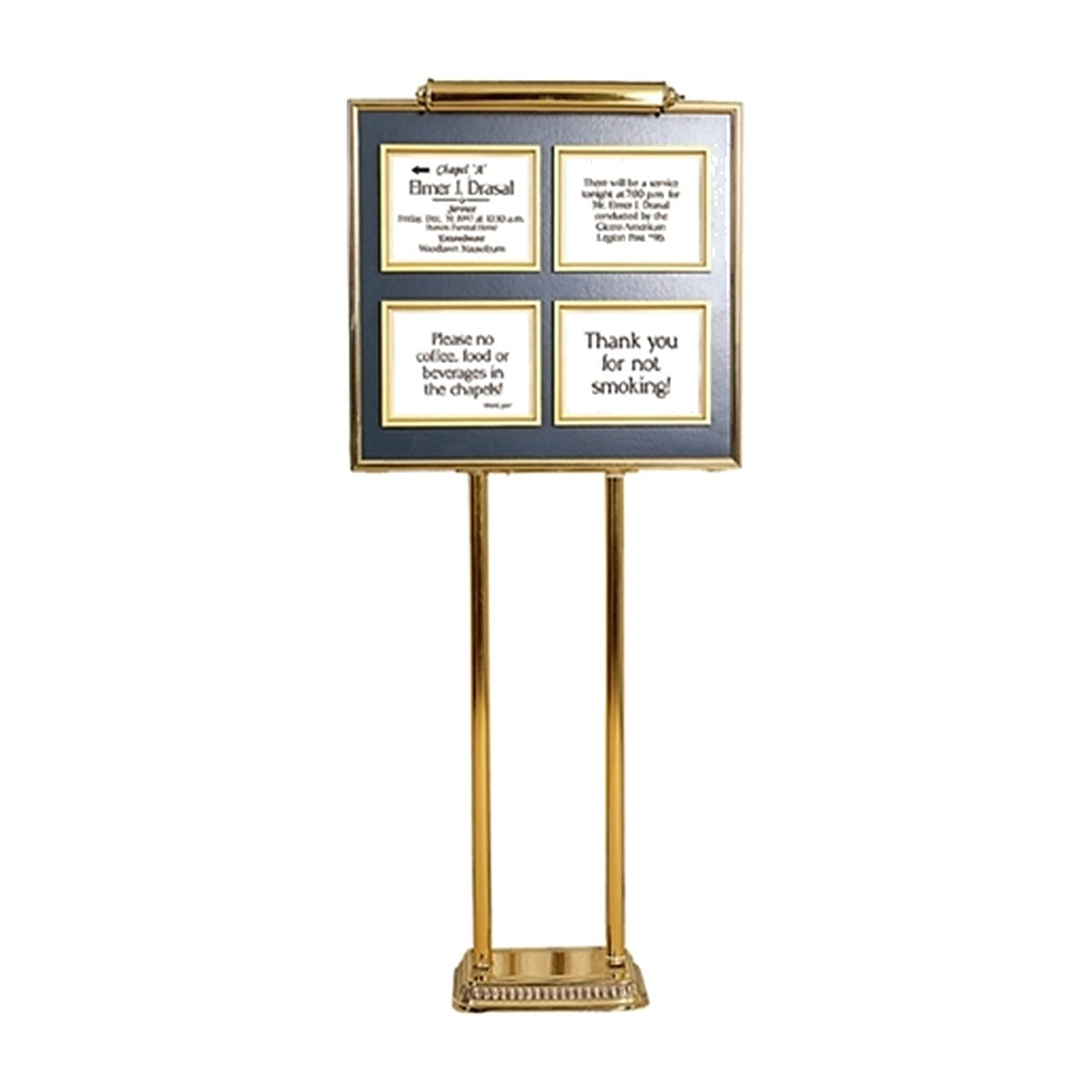 Four-listing dual pedestal directory with brass frame and four announcement panels