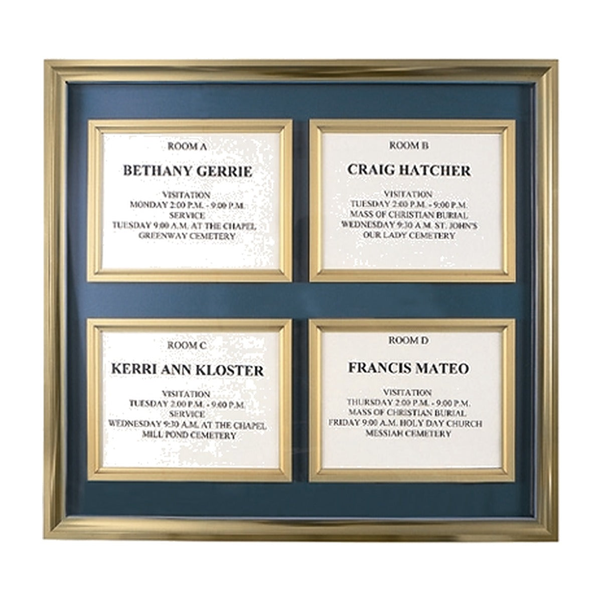 four-panel wall directory with framed funeral service announcements