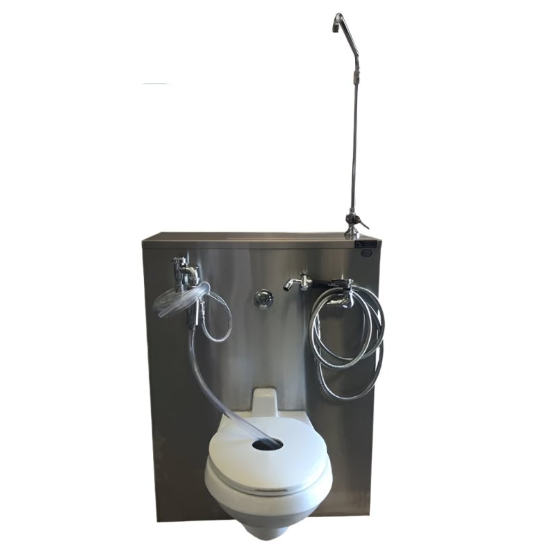 SIDE VIEW OF THE 1036-9FS EMBALMING STATION, HIGHLIGHTING ITS GFCI ELECTRICAL RECEPTACLE AND COLD WATER SPRAY HOSE.