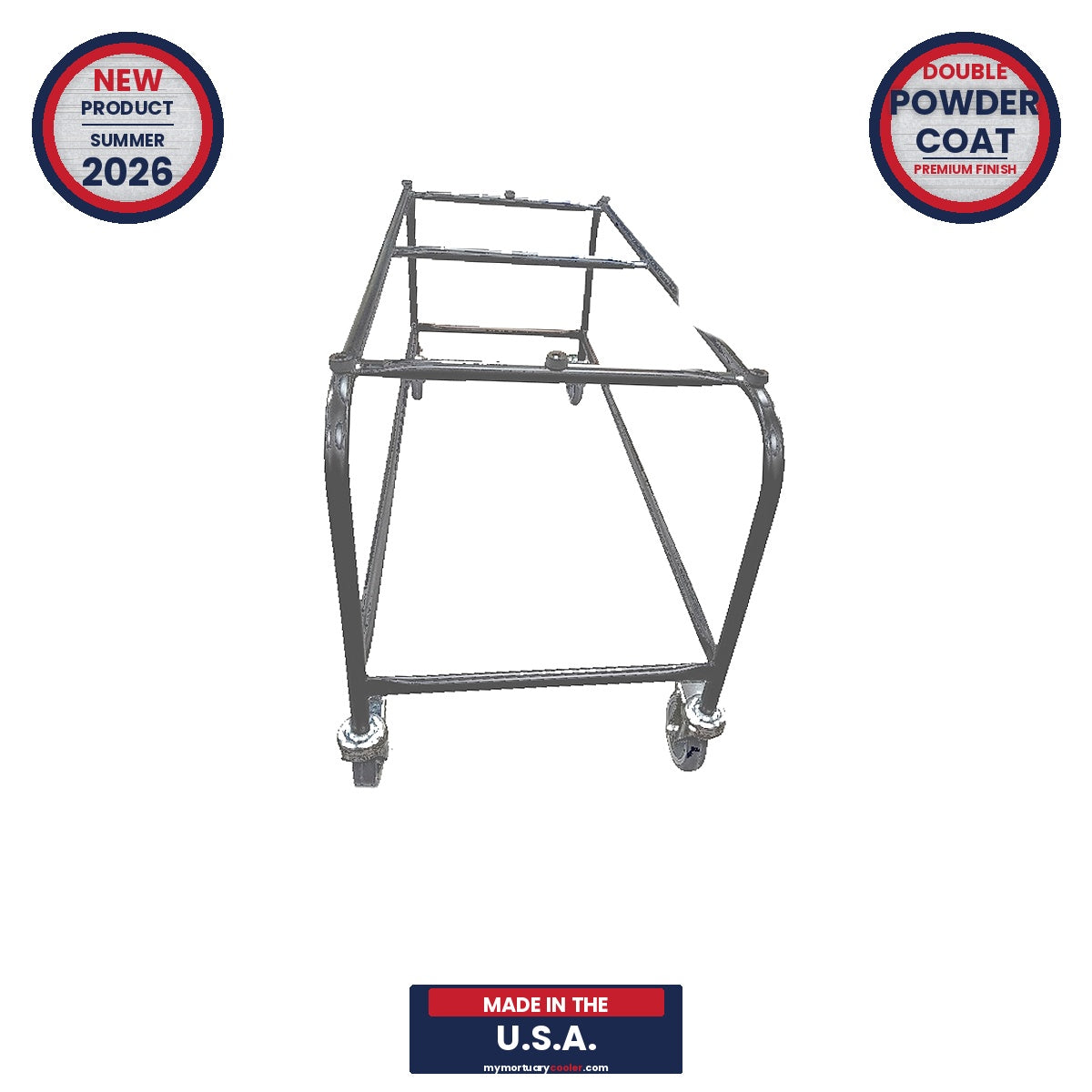 Casket trolley Model 500-CTB folded profile, dual-duty showroom and utility mortuary truck, American-made