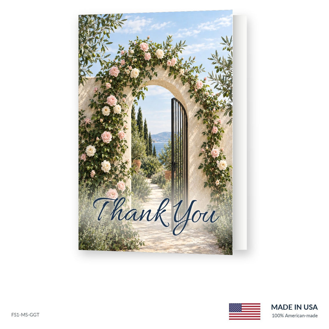 Garden Gate funeral acknowledgment card shown slightly open, Funeral Source One FS1-MS-GGT, Made in the USA