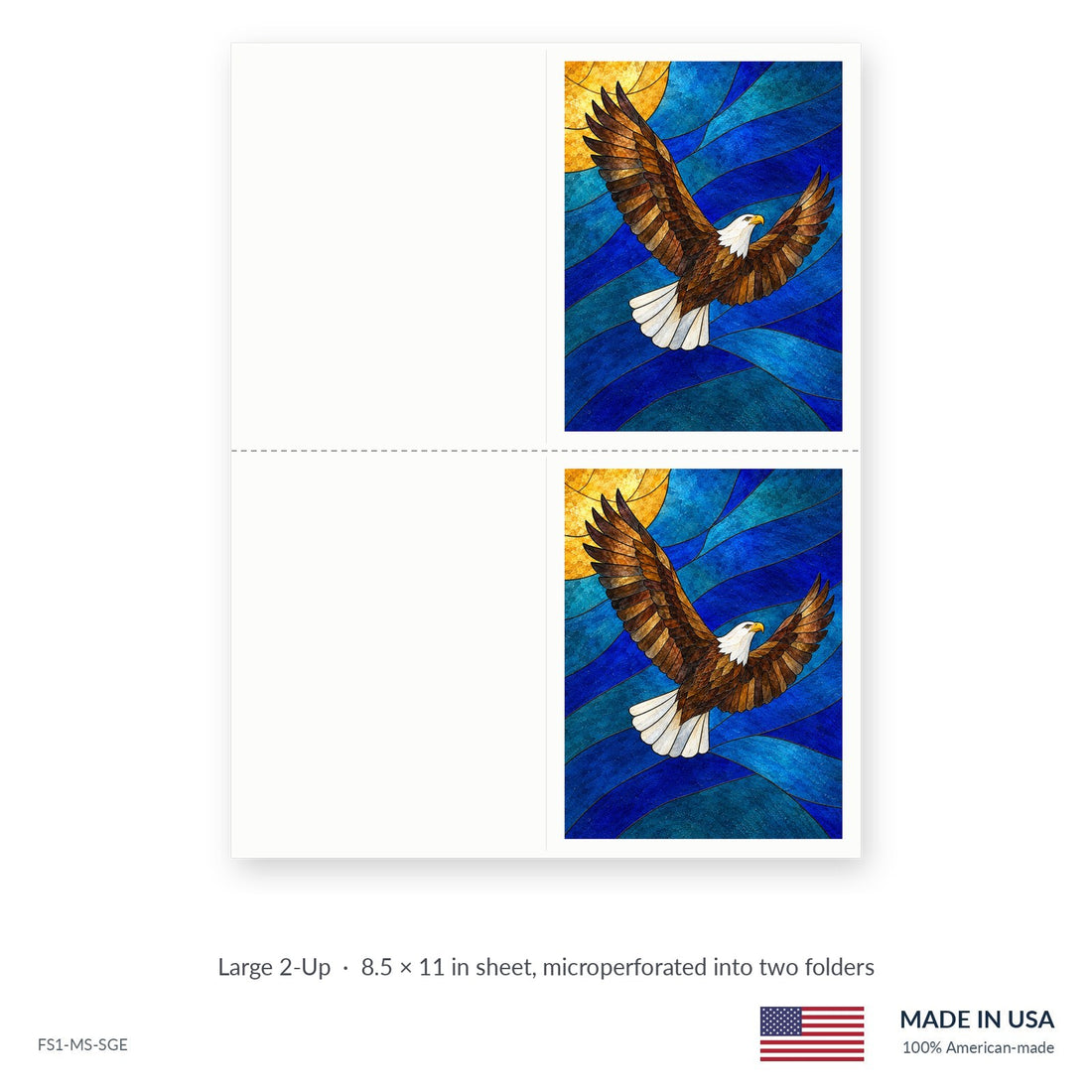 Glass Eagle funeral service folders, Large 2-Up 8.5 × 11 in sheet microperforated into two folders, Funeral Source One FS1-MS-SGE