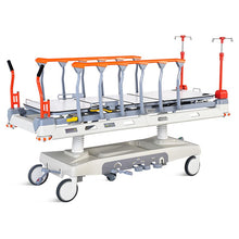 Overhead view detailing the extra-wide reinforced bariatric litter surface and integrated oxygen tank storage tray on the Deathcare.Inc Transport Clinical Stretcher, available factory-direct on medicalstretchers.com as an enterprise-grade alternative to Mobi Medical.