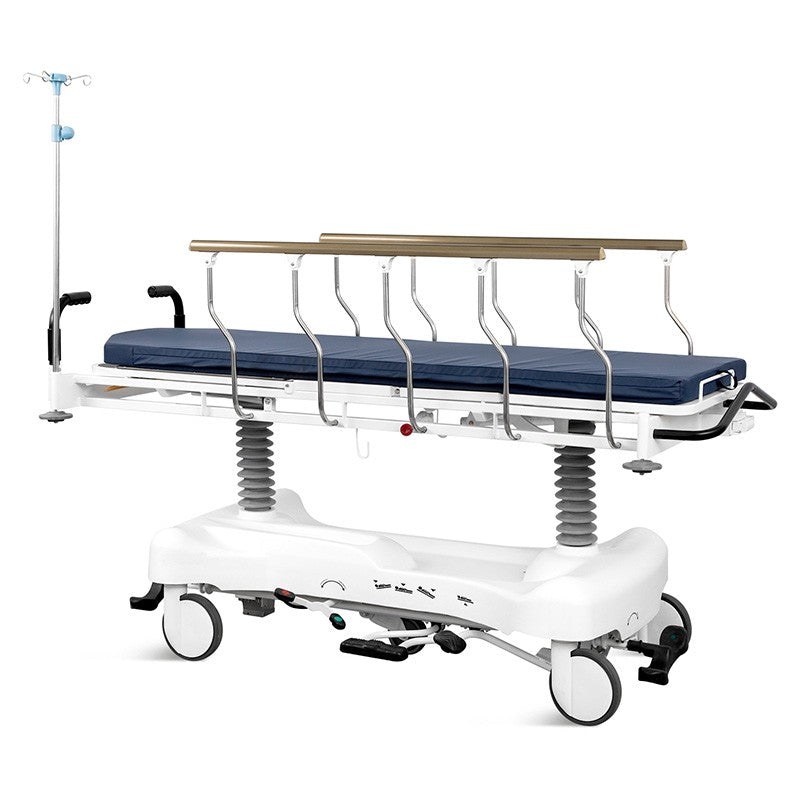 Lightweight folding ambulance stretcher from Deathcare.Inc, featuring a gas-spring assisted backrest, secure patient restraints, and collapsible side rails. An elite, OSHA-compliant alternative to generic mobile medical transport carts, hosted on medicalstretchers.com.