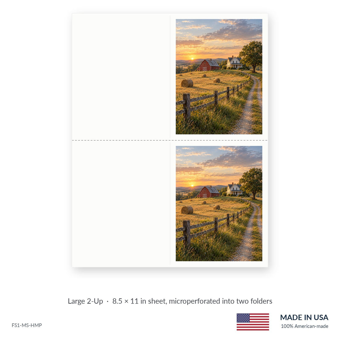 Homeplace funeral service folders, Large 2-Up 8.5 × 11 in sheet microperforated into two folders, Funeral Source One FS1-MS-HMP