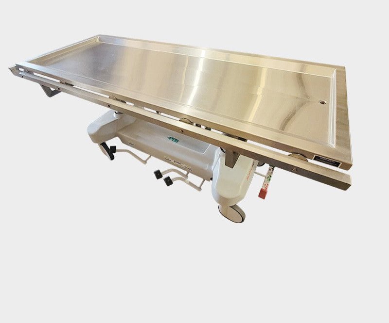 USPE-1038-2ATRT mobile autopsy trolley, lift-off 304 stainless top for full-surface decontamination access, hydraulic height adjustment
