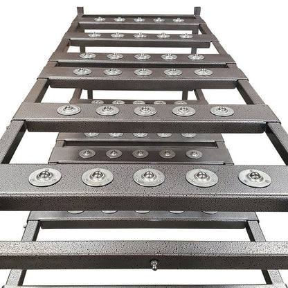 Detailed view of the industrial-grade welded steel frame and high-impact locking casters on a 2-tier American Mortuary Coolers rack, featuring an anti-corrosive powder-coated finish for long-term durability.