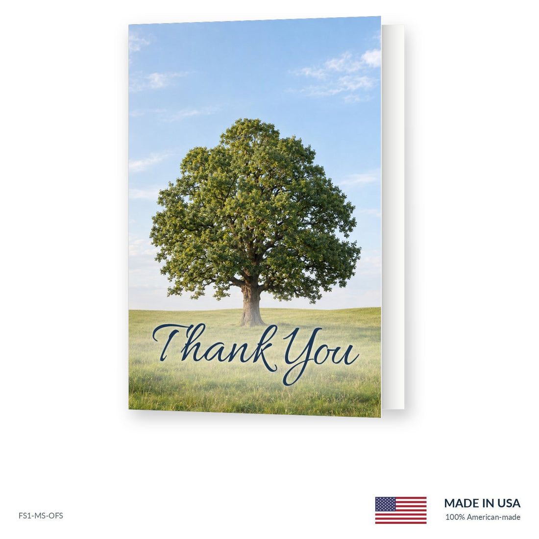 Lone Oak funeral acknowledgment card shown slightly open, Funeral Source One FS1-MS-OFS, Made in the USA