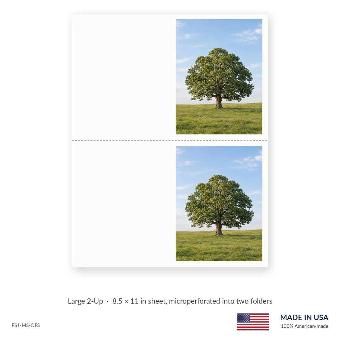 Lone Oak funeral service folders, Large 2-Up 8.5 × 11 in sheet microperforated into two folders, Funeral Source One FS1-MS-OFS