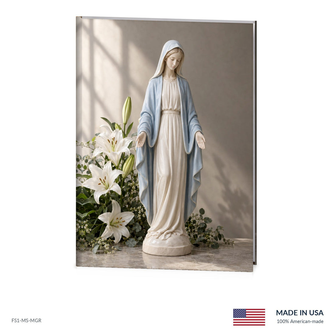 Madonna funeral register book with full-color cover wrap and visible page edge, Funeral Source One FS1-MS-MGR, Made in the USA