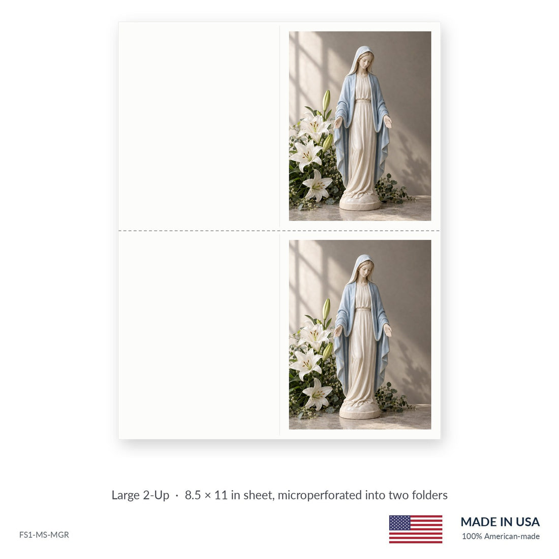 Madonna funeral service folders, Large 2-Up 8.5 × 11 in sheet microperforated into two folders, Funeral Source One FS1-MS-MGR