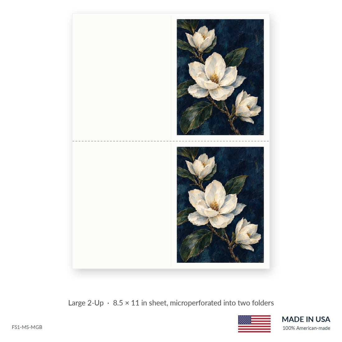 Magnolia funeral service folders, Large 2-Up 8.5 × 11 in sheet microperforated into two folders, Funeral Source One FS1-MS-MGB