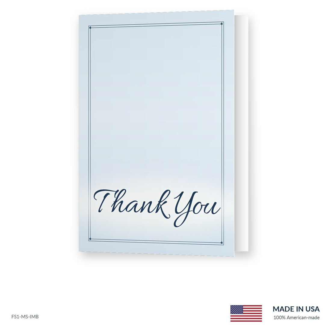 Memory Blue funeral acknowledgment card shown slightly open, Funeral Source One FS1-MS-IMB, Made in the USA