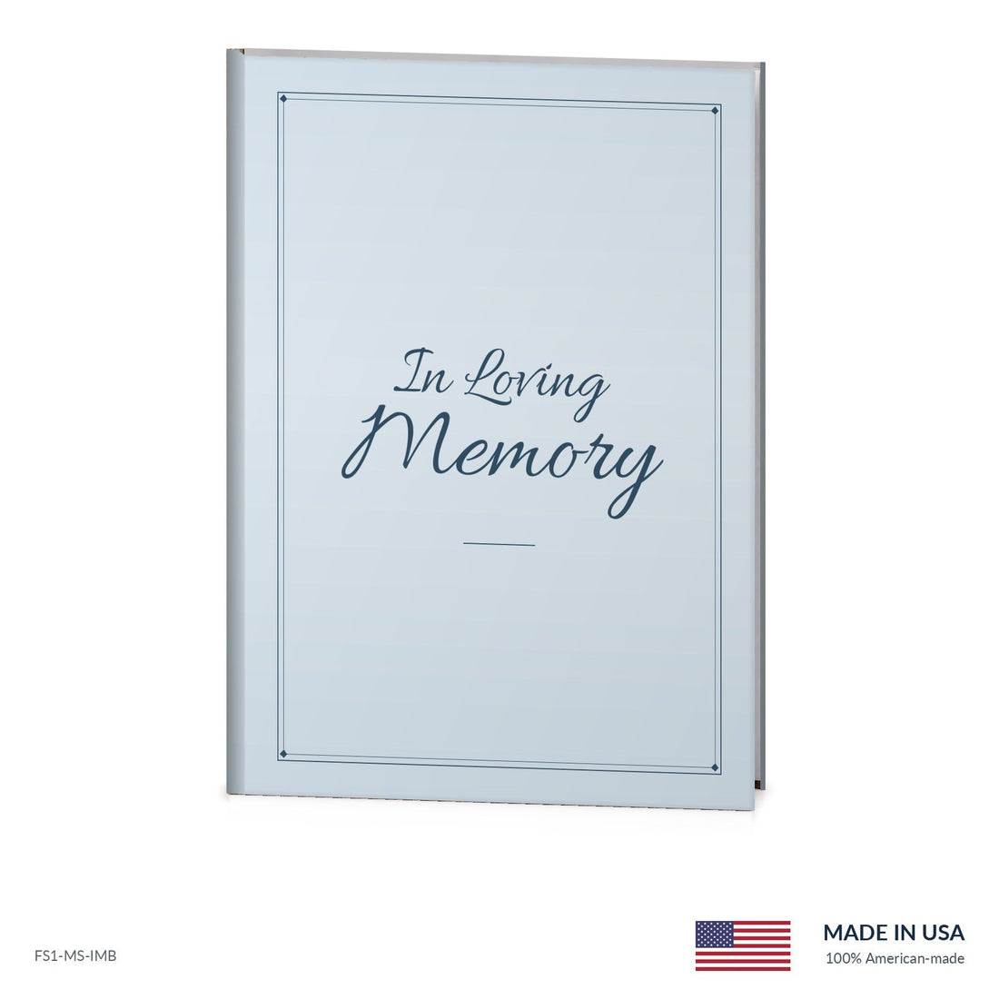 Memory Blue funeral register book with full-color cover wrap and visible page edge, Funeral Source One FS1-MS-IMB, Made in the USA