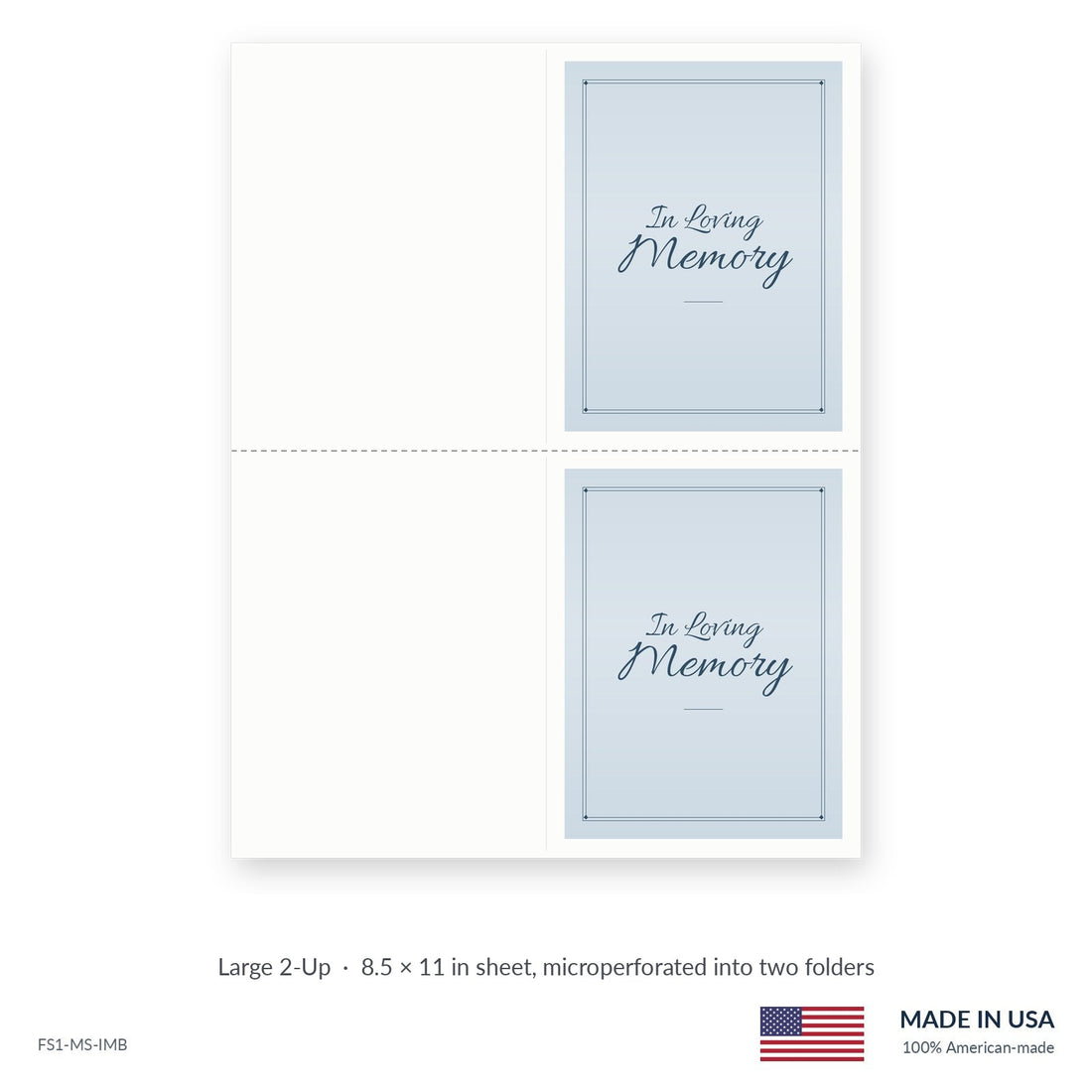 Memory Blue funeral service folders, Large 2-Up 8.5 × 11 in sheet microperforated into two folders, Funeral Source One FS1-MS-IMB