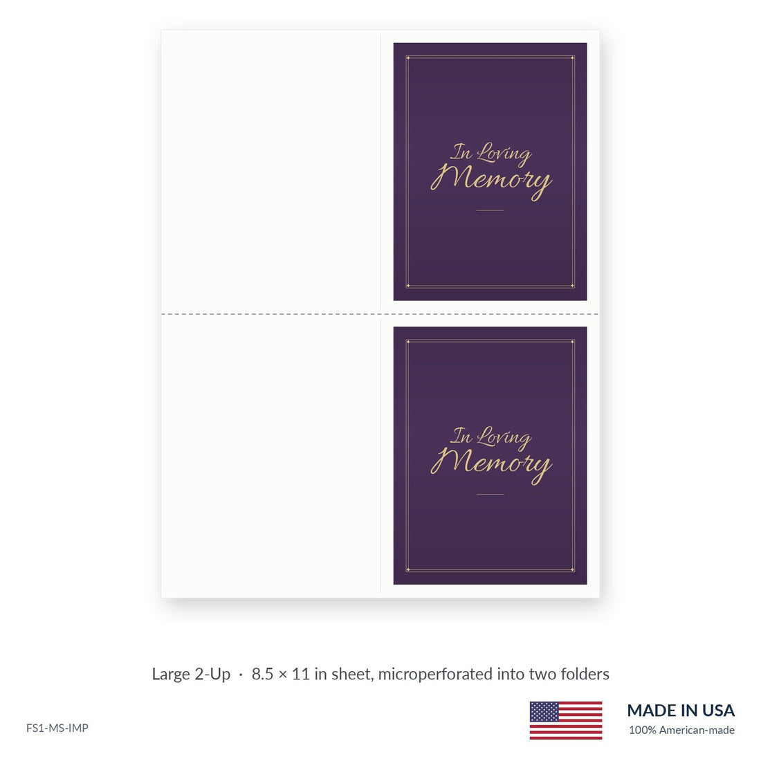 Memory Purple funeral service folders, Large 2-Up 8.5 × 11 in sheet microperforated into two folders, Funeral Source One FS1-MS-IMP