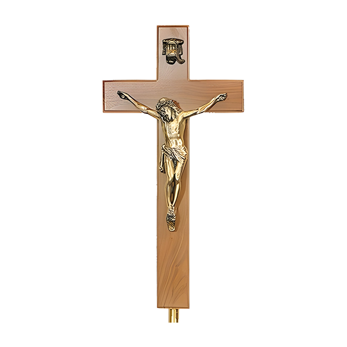 Meridian Crucifix on Stand in walnut laminate with antique bronze by American Mortuary Equipment
