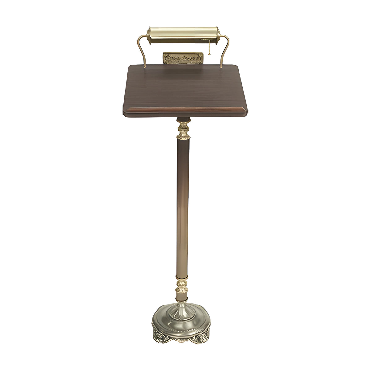 Meridian Lectern in walnut laminate with antique bronze by American Mortuary Equipment