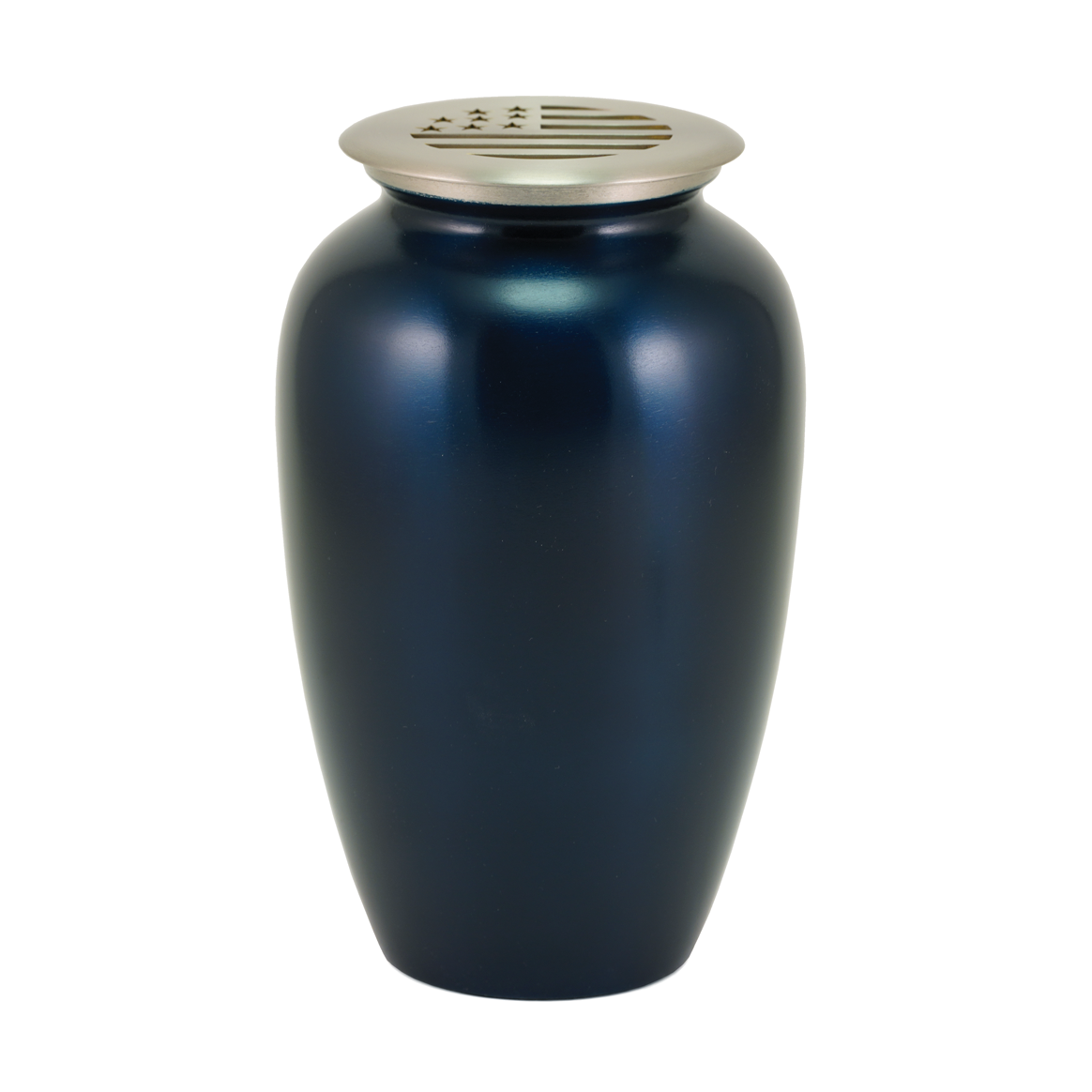 Midnight Blue American Flag Brass Scattering Urn, Full size adult scattering urn, 10 x 6.1 x 6.1 in