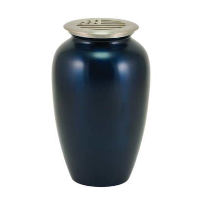 Midnight Blue American Flag Brass Scattering Urn, Full size adult scattering urn, 10 x 6.1 x 6.1 in