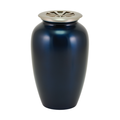 Midnight Blue Sunray Brass Scattering Urn, Full size adult scattering urn, 10 x 6.1 x 6.1 in