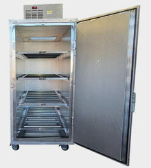 Model 4BX Extra-Wide 4-Body Upright Mortuary Cooler by Death Care Inc. featuring a 36-inch interior track width and 4-tier vertical storage layout on American Mortuary Coolers.