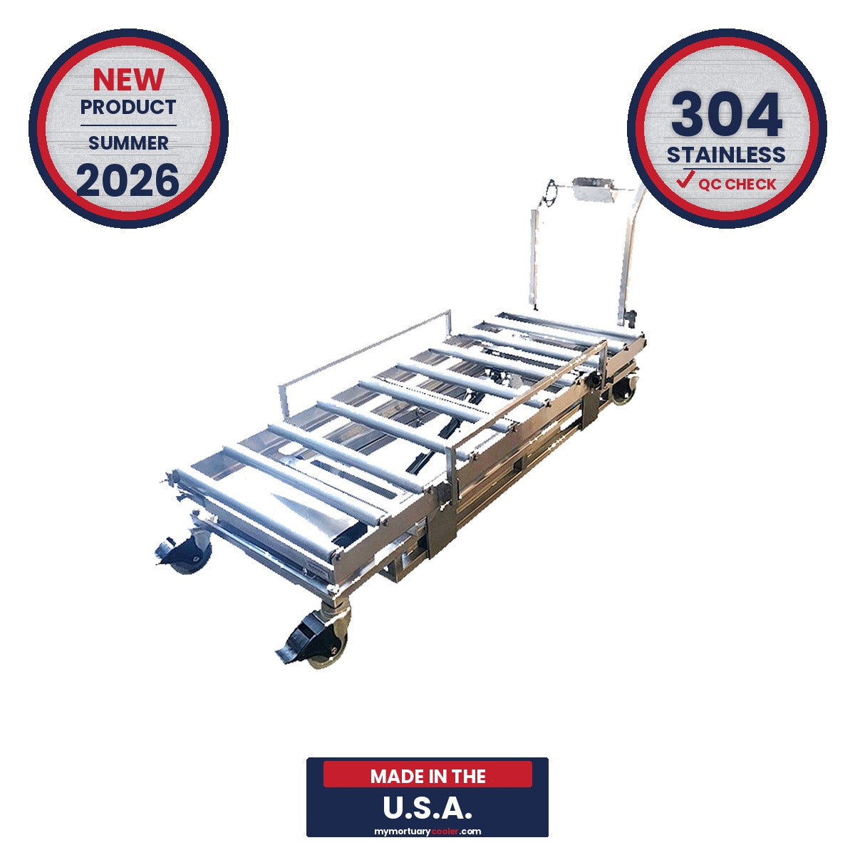 Stainless cadaver lift trolley elevated position, body tray transfer to upright mortuary cooler rack, USA-made morgue equipment
