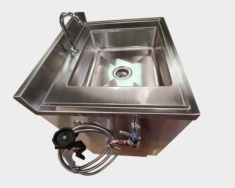 Foot pedal sink station spray hose detail, flexible rinse for morgue sanitation