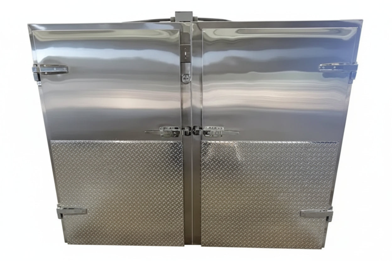 Close-up of American Mortuary’s high-density closed-cell insulated panels and heavy-duty cam-lock joining system, engineered for a 15-year warranty and maximum thermal efficiency in 6-body coolers.