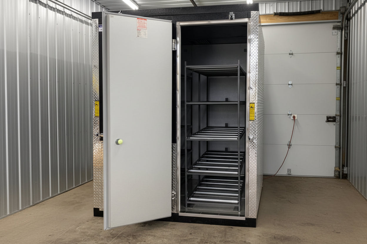 A close-up of the remote high-output split-system refrigeration unit for the American Mortuary 10-body cooler, requiring professional HVAC installation for high-efficiency cooling in high-volume facilities.