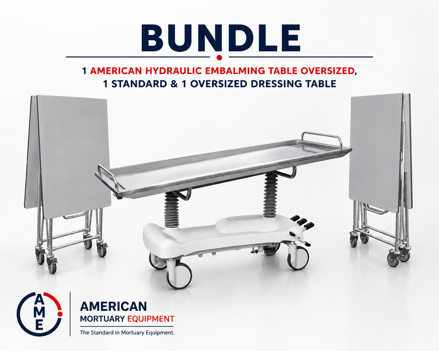 Mortuary prep room bundle alternate view — hydraulic embalming table with standard and XL dressing tables | American Mortuary Coolers