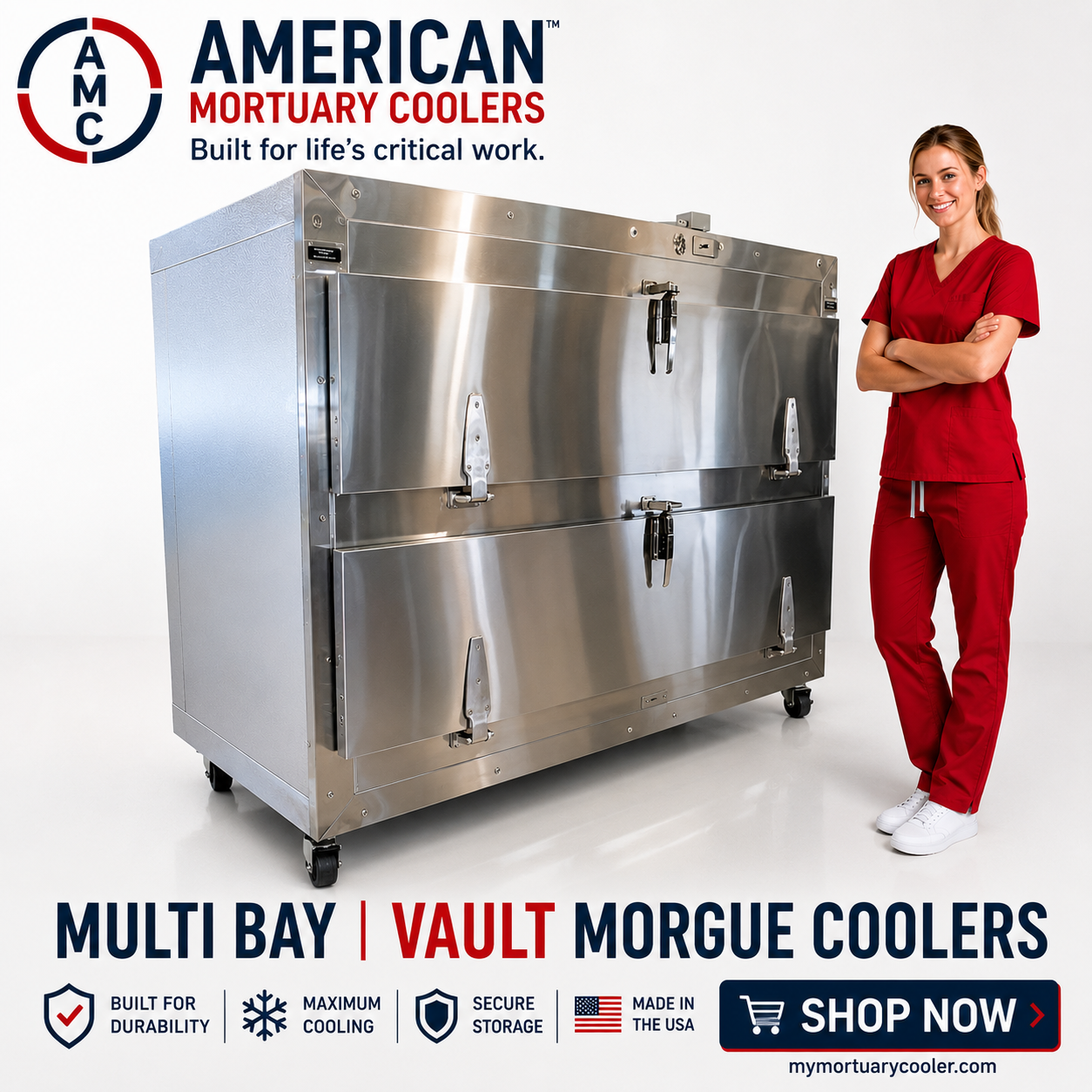 Multi bay vault morgue cooler by American Mortuary Coolers — stainless steel two-tier refrigerated body storage unit on casters, built for durability, maximum cooling, and secure storage, made in the USA.