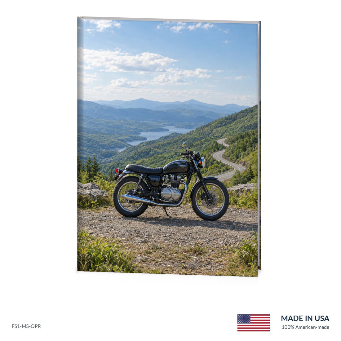 Open Road funeral register book with full-color cover wrap and visible page edge, Funeral Source One FS1-MS-OPR, Made in the USA