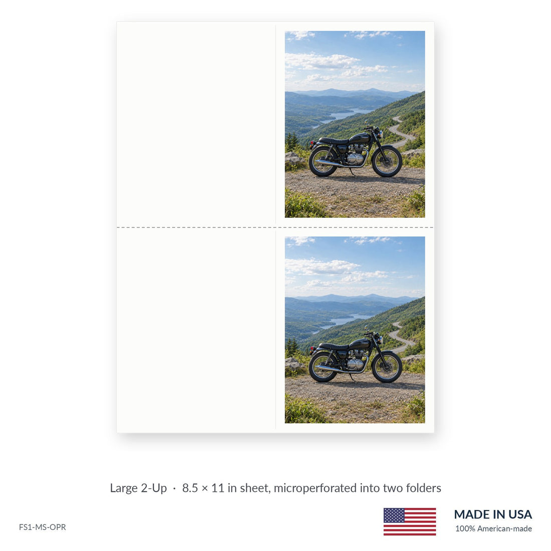Open Road funeral service folders, Large 2-Up 8.5 × 11 in sheet microperforated into two folders, Funeral Source One FS1-MS-OPR
