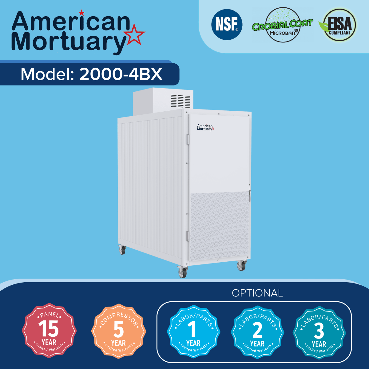 OSHA and EPA-approved Model 4BX upright mortuary cooler with 110V power, copper drain stub, and Energy Act 2025–compliant self-contained refrigeration.