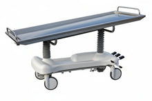 Front view of the American Mortuary 35-inch wide oversized hydraulic embalming table featuring an 850lb load capacity and clinical-grade stainless steel top.
