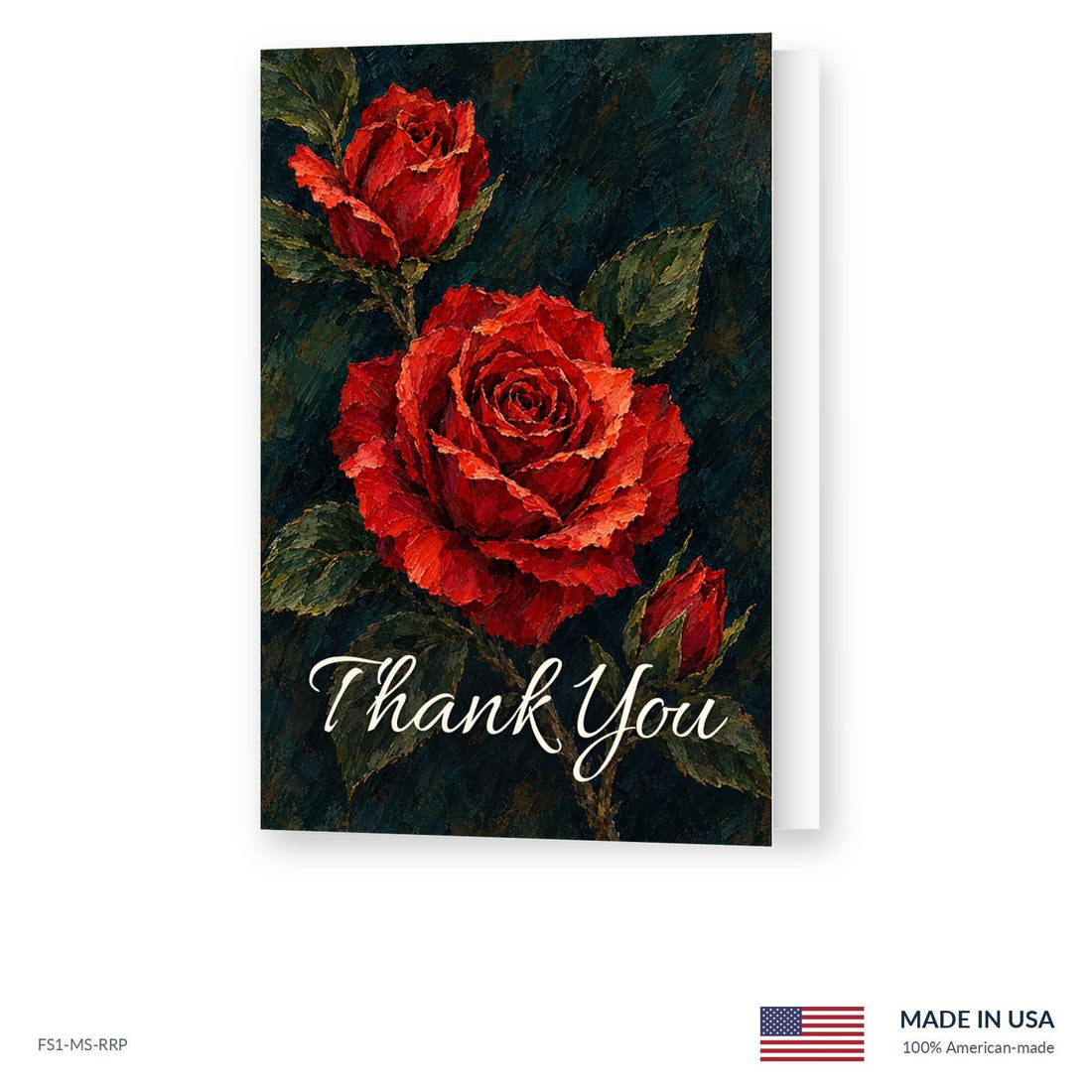 Painted Rose funeral acknowledgment card shown slightly open, Funeral Source One FS1-MS-RRP, Made in the USA