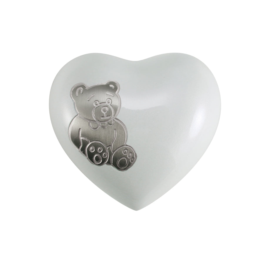 Pearl with Teddy Bear Large Heart Urn, Heart Keepsake, 4.2 x 4.5 x 2.5 in