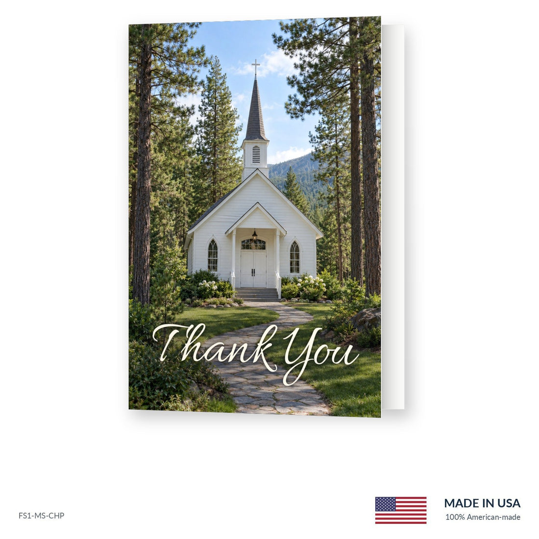 Pine Chapel funeral acknowledgment card shown slightly open, Funeral Source One FS1-MS-CHP, Made in the USA